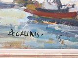 a painting of a boat in the water with people on it