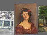 paintings of a woman in a red dress and a painting of a building