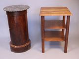 pair of wooden side tables with marble top and shelf