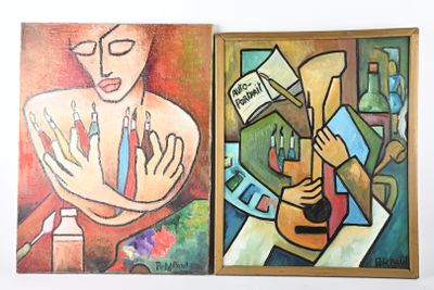 tableau représentant un homme avec une guitare et une femme tenant une pancarte