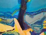 a painting of a man on a surfboard in the ocean