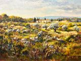 une peinture à l'huile représentant un champ avec des arbres et des buissons au premier plan