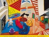 un tableau représentant un salon avec un chien sur le canapé