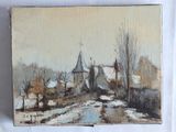 an oil painting of a snowy village with a church in the background