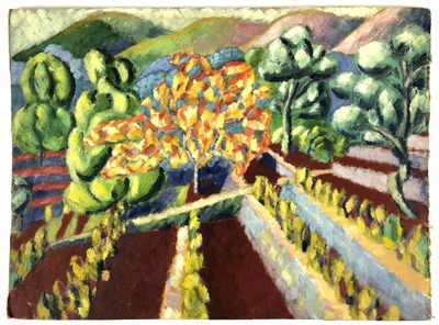 une image d'un tableau représentant un paysage avec des arbres et des buissons