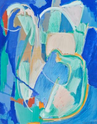 an image of a painting of a blue vase with green leaves on it