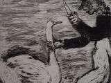 a black and white drawing of a man feeding a duck