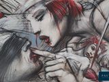 a drawing of a woman with red hair holding an umbrella