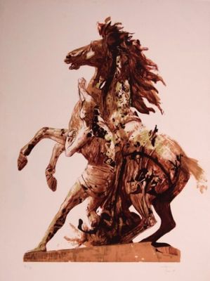 a drawing of a man riding a horse on the back of a horse