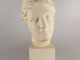 sculpture représentant une tête de femme sur un socle blanc