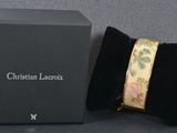 Bracelet rigide à motif floral Christian Lacroix, couleur or, avec pochette en velours noir