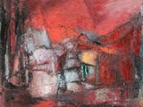 un tableau représentant un bâtiment peint en rouge et noir