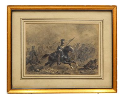 painting of a man on a horse in a battle with other men