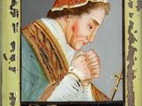 an image of a painting of a man praying with a cross