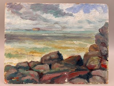 une peinture à l'huile représentant des rochers sur une plage, avec l'océan en arrière-plan