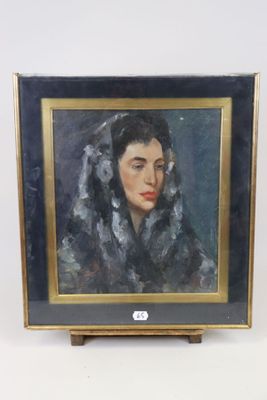 tableau représentant une femme vêtue d'une robe noire et portant un foulard