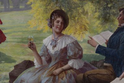 a painting of a man and a woman sitting in a park