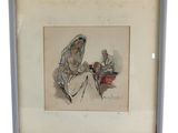 painting of a woman sitting on the ground with a man in the background