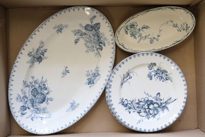 three plates in a box with blue flowers on them