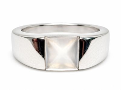 sterling silver ring with a square white stone in the center