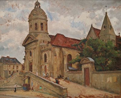 une peinture représentant une église avec un clocher sur le côté