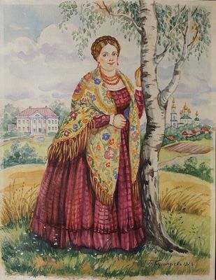 painting of a woman in a red dress standing next to a tree