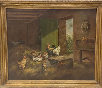 tableau représentant des poulets et des poules dans une grange avec une cheminée