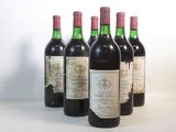 six bouteilles de vin rouge sont alignées sur une surface blanche