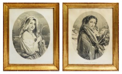 two framed portraits of women in hats and scarves