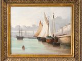an oil painting of boats in a harbor with a man in a boat