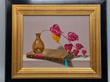 a painting of a vase and a book on a table