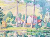 a painting of a house on the shore of a lake