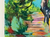 an oil painting of a tree on a path with a blue sky in the background