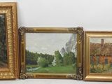 three framed paintings of a house and a river in a gold frame
