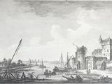drawing of a view of a river with a castle in the background