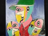 un tableau représentant un homme et trois femmes, dont l'une porte un chapeau vert