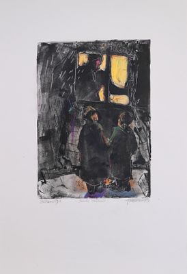 an image of a black and yellow painting on a white wall