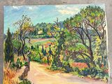 a painting of a dirt road with trees on the side