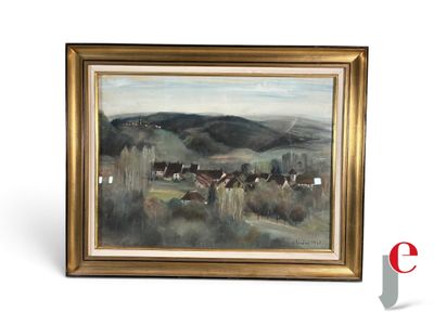 an oil painting of a landscape with houses and hills in the background