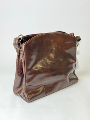 brown leather handbag on a white background