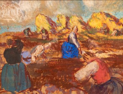 a painting of a group of people working in a field