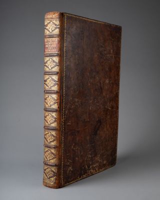 un vieux livre avec une couverture en cuir marron sur fond gris