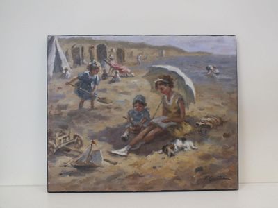 un tableau représentant une femme et deux enfants sur la plage