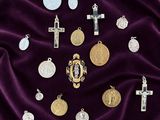 purple velvet with a bunch of silver and gold charms on it
