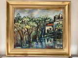 un tableau représentant une maison au bord de l'eau, dans un cadre doré
