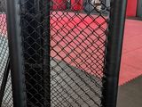 a cage that has a red mat in it
