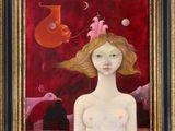a painting of a woman in a red room with birds and a vase