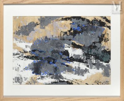 une peinture abstraite représentant un paysage de montagne avec un ciel bleu en arrière-plan