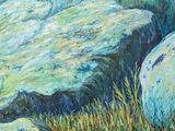 an oil painting of a mountain scene with rocks and grass