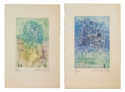 two watercolor paintings of a man and a woman sitting on a bench